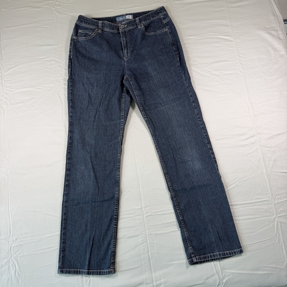 Liz Claiborne Blue Denim Straight Leg Stretch Jeans Size 8 Pink Stitching